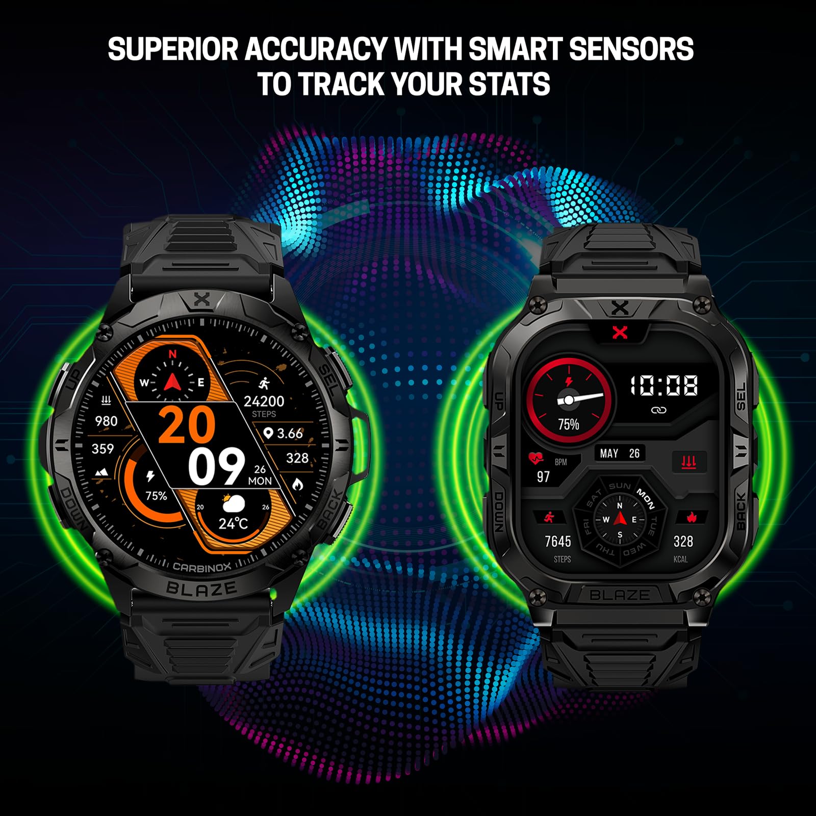 CARBINOX Blaze Smart Watch - GPS, Rugged Fitness Tracker, Waterproof IP69K, 170+ Sports Modes, Compatible with Android/iOS, Black